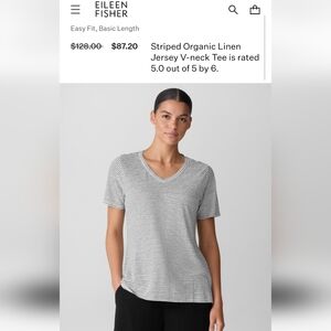 NWT Eileen Fisher Striped Organic Linen Jersey V-Neck Tee, Size S